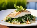 Filet ryby, czy to halibut, czy sandacz, podany na szpinaku z orzechami i bazylią.