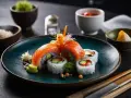 Wykwintne rolki sushi z łososiem, awokado i warzywami, podane z pikantnym dodatkiem do sushi.