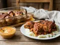 Pyszny kurczak garam masala przepis na talerzu z ryżem i sosem. W tle pieczony kurczak w naczyniu żaroodpornym.