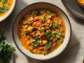 Aksamitne curry z tofu, pełne aromatycznych przypraw i świeżej kolendry, podane w misce.