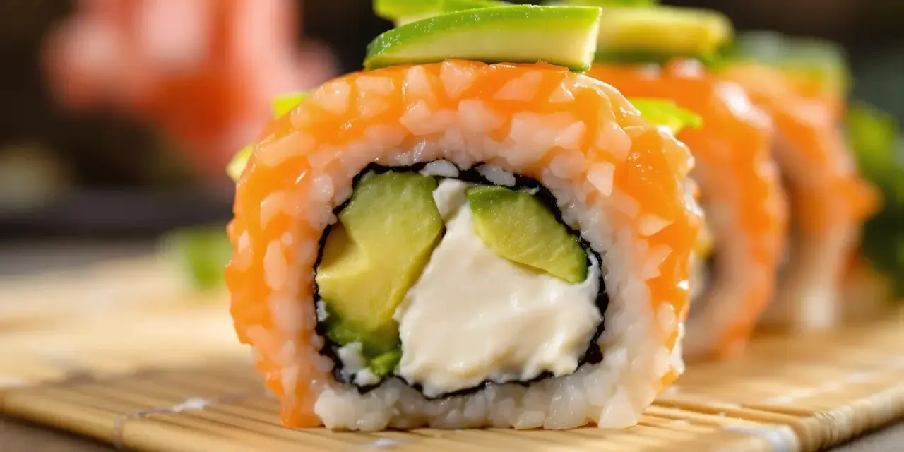 Rolka sushi z łososiem, awokado i kremowym serkiem. Idealny serek do sushi to taki, który jest kremowy i delikatny.