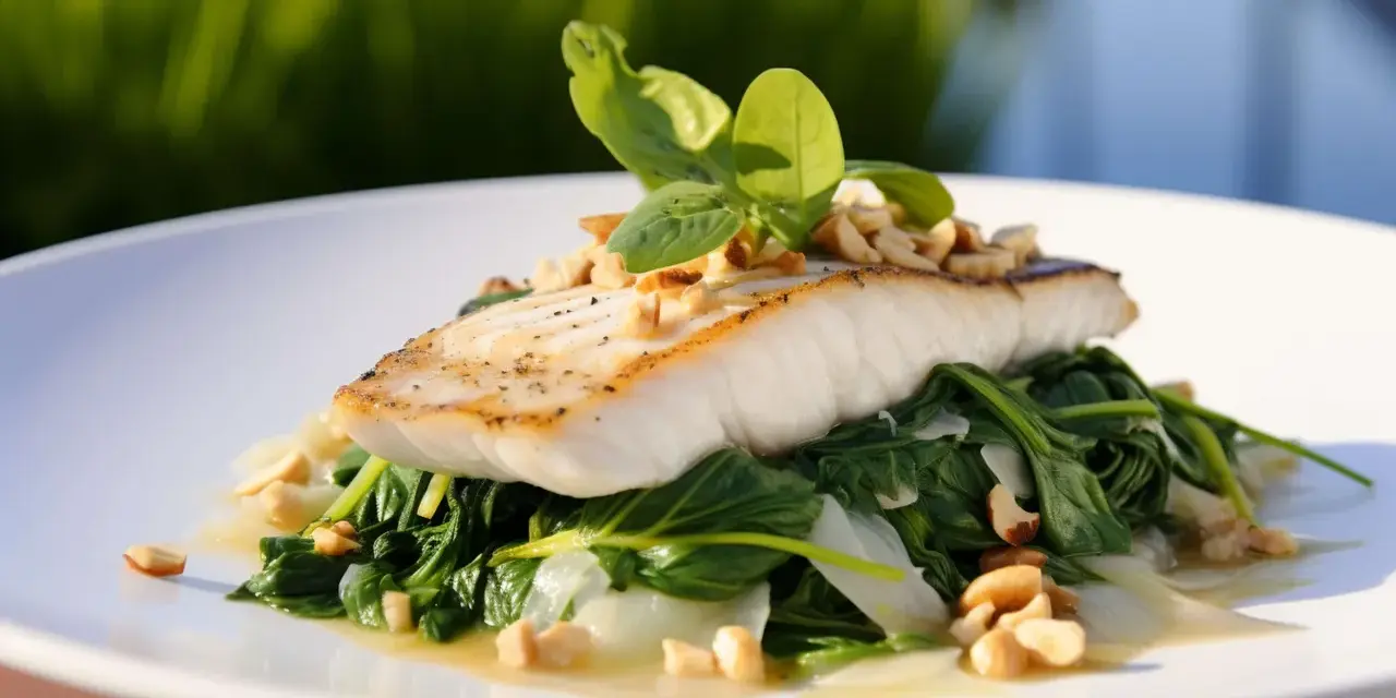 Filet ryby, czy to halibut, czy sandacz, podany na szpinaku z orzechami i bazylią.