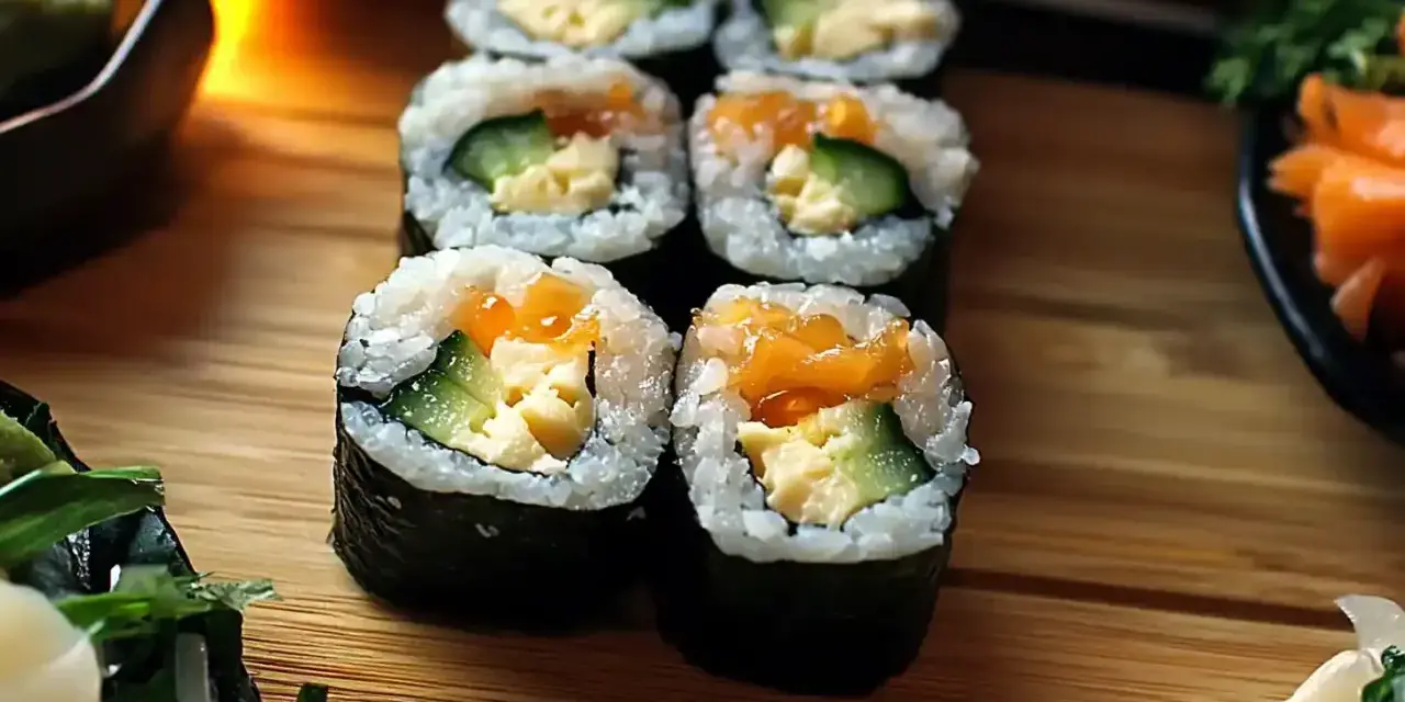 Świeże sushi z awokado, ogórkiem i łososiem, ułożone na drewnianej desce.