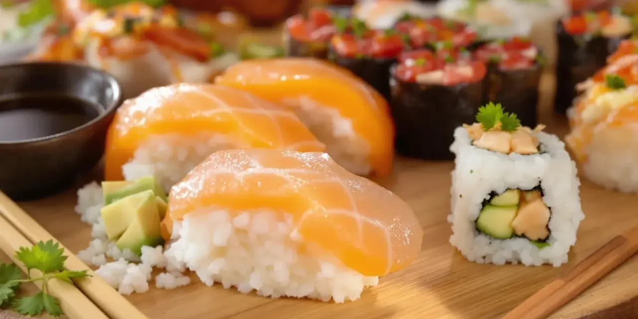 Pyszne sushi z łososiem i awokado, idealne na lekki posiłek. Zastanawiasz się nad sushi w tempurze kcal? To danie jest świetną alternatywą.