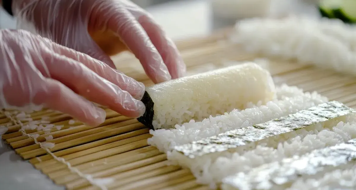Ręce w rękawiczkach formują ryż na macie bambusowej. Przygotowanie zaprawy do sushi na 500g ryżu.