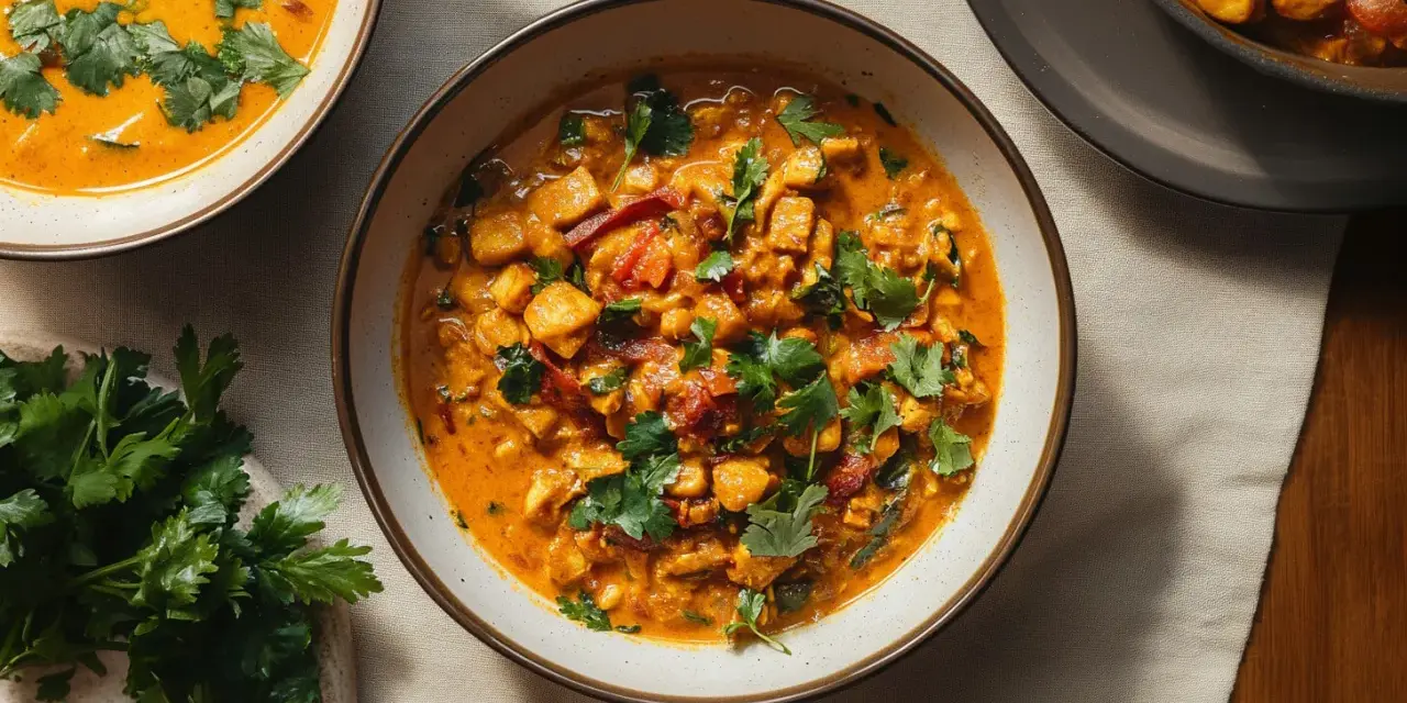 Aksamitne curry z tofu, pełne aromatycznych przypraw i świeżej kolendry, podane w misce.