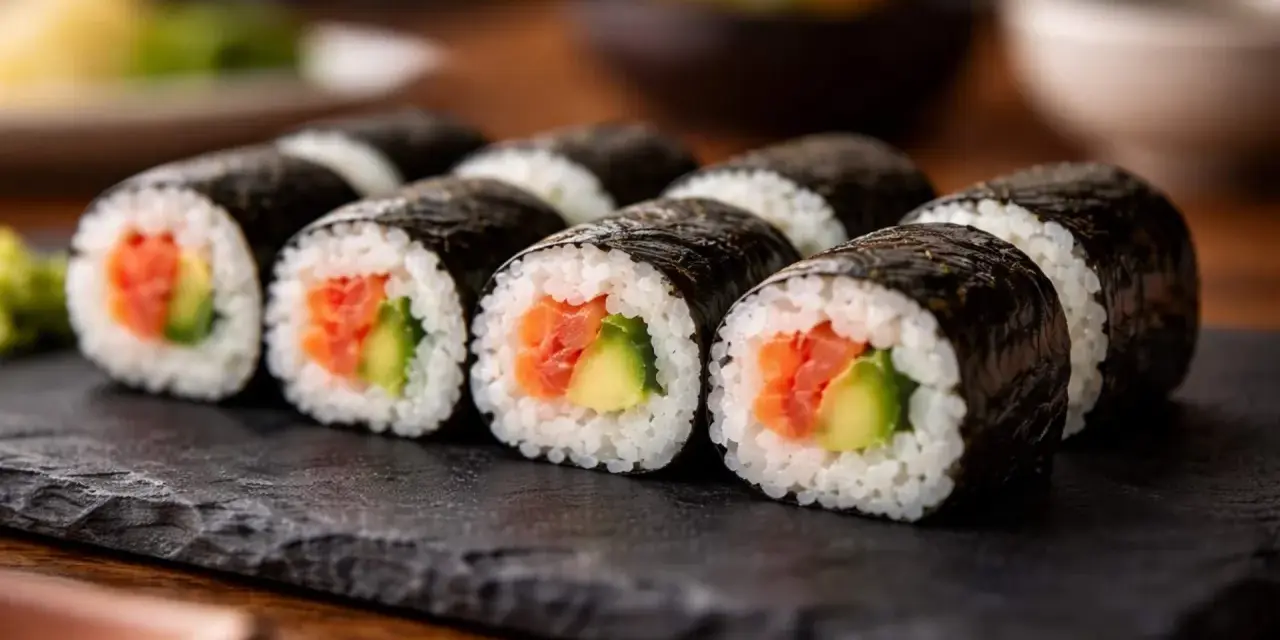 Rzędy sushi z łososiem i awokado, owinięte w ciemną, błyszczącą nori.