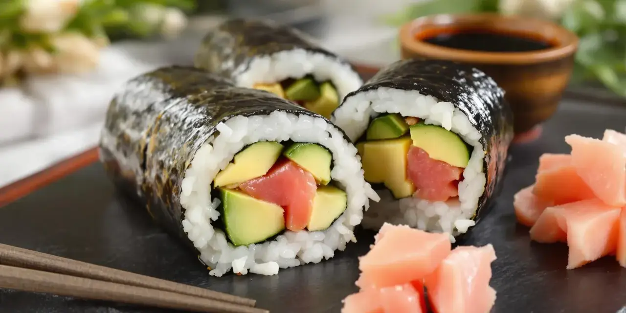 Trzy rolki maki sushi z łososiem i awokado, podane z imbirem i sosem sojowym. Pyszne maki sushi co to? To idealna przekąska!