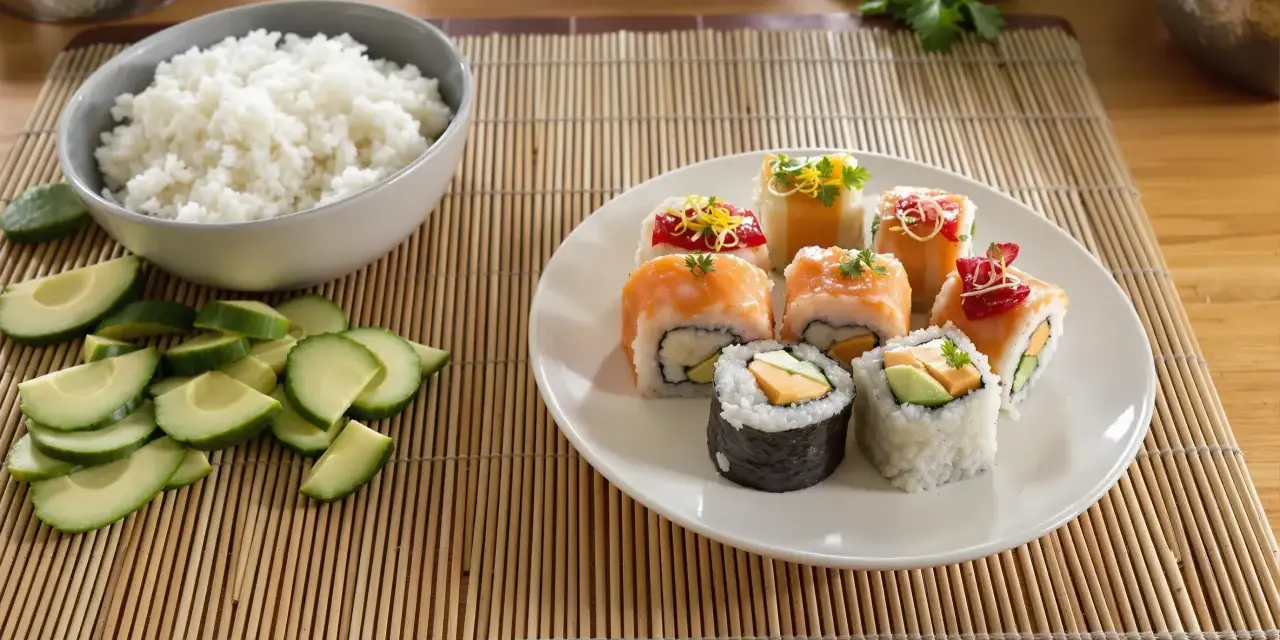Kolorowe rolki sushi bez nori z łososiem, awokado i innymi dodatkami. Obok miska ryżu i pokrojony ogórek.