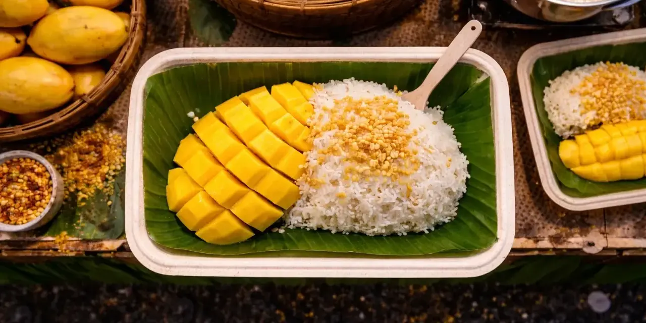 Pyszny mango sticky rice przepis: ryż z mleczkiem kokosowym, świeże mango i chrupiące prażone ziarna. Idealny deser.