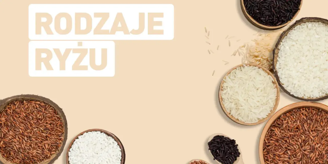 Różne rodzaje ryżu: biały, czarny i brązowy, w miseczkach i na łyżkach.