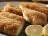 Chrupiące kawałki filet z dorsza smażony w mące, podane z cytryną.