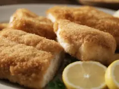 Chrupiące kawałki filet z dorsza smażony w mące, podane z cytryną.