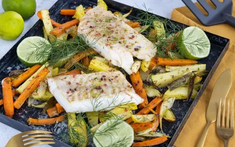 Pyszny filet z mintaja z piekarnika, podany z pieczonymi warzywami i limonką.