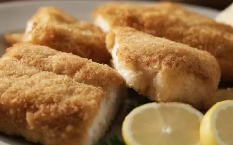 Chrupiące kawałki filet z dorsza smażony w mące, podane z cytryną.