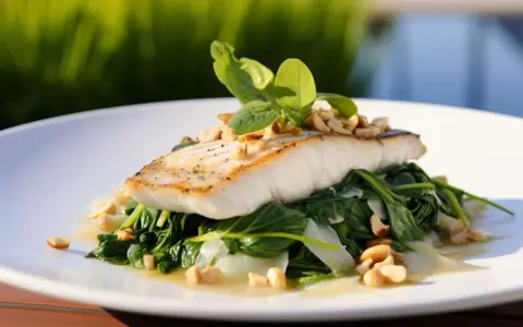 Filet ryby, czy to halibut, czy sandacz, podany na szpinaku z orzechami i bazylią.