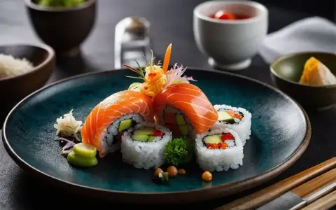 Wykwintne rolki sushi z łososiem, awokado i warzywami, podane z pikantnym dodatkiem do sushi.