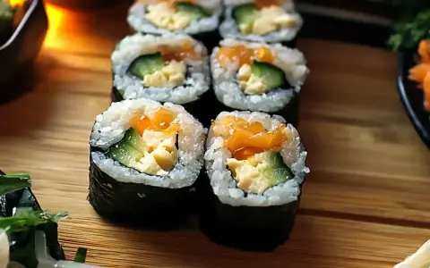 Świeże sushi z awokado, ogórkiem i łososiem, ułożone na drewnianej desce.