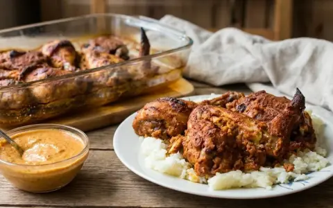 Pyszny kurczak garam masala przepis na talerzu z ryżem i sosem. W tle pieczony kurczak w naczyniu żaroodpornym.
