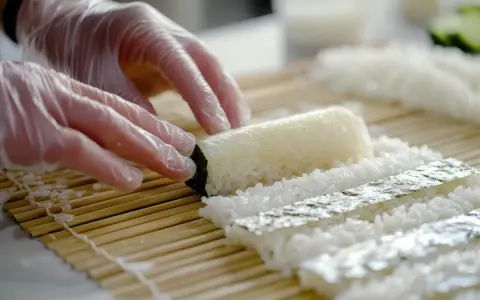 Ręce w rękawiczkach formują ryż na macie bambusowej. Przygotowanie zaprawy do sushi na 500g ryżu.