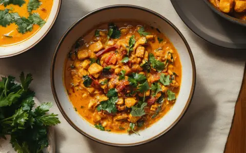 Aksamitne curry z tofu, pełne aromatycznych przypraw i świeżej kolendry, podane w misce.