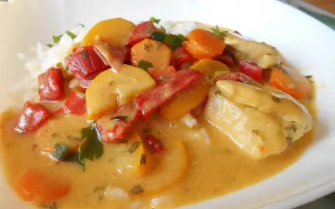 Kurczak curry z warzywami: kawałki kurczaka w kremowym sosie z papryką, marchewką i cukinią, podane z ryżem.