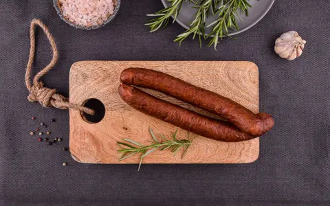 Dwie grube kiełbasy śląskie leżą na desce, obok gałązka rozmarynu. Zastanawiasz się, ile waży kiełbasa śląska?