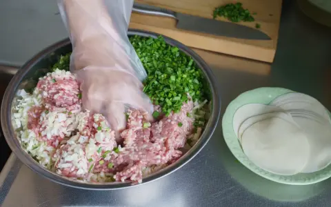Mieszanie mielonego mięsa, kapusty i szczypiorku do pierożków gyoza. Przepis na pyszne domowe pierożki.