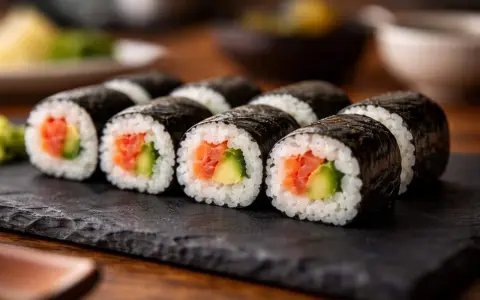 Rzędy sushi z łososiem i awokado, owinięte w ciemną, błyszczącą nori.