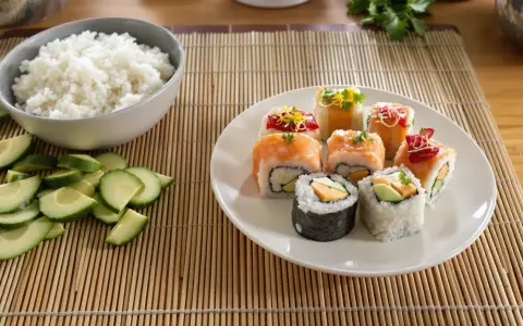 Kolorowe rolki sushi bez nori z łososiem, awokado i innymi dodatkami. Obok miska ryżu i pokrojony ogórek.