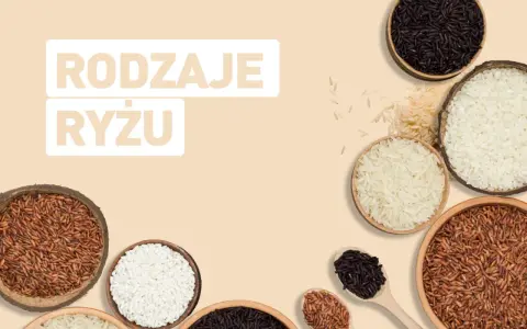 Różne rodzaje ryżu: biały, czarny i brązowy, w miseczkach i na łyżkach.