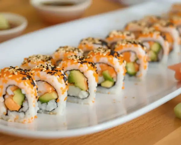 Rząd roladek sushi california roll, posypanych sezamem i ikrą, z awokado i łososiem w środku. Obok imbir marynowany i ogórek.