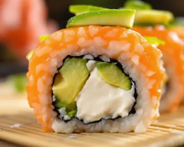 Rolka sushi z łososiem, awokado i kremowym serkiem. Idealny serek do sushi to taki, który jest kremowy i delikatny.
