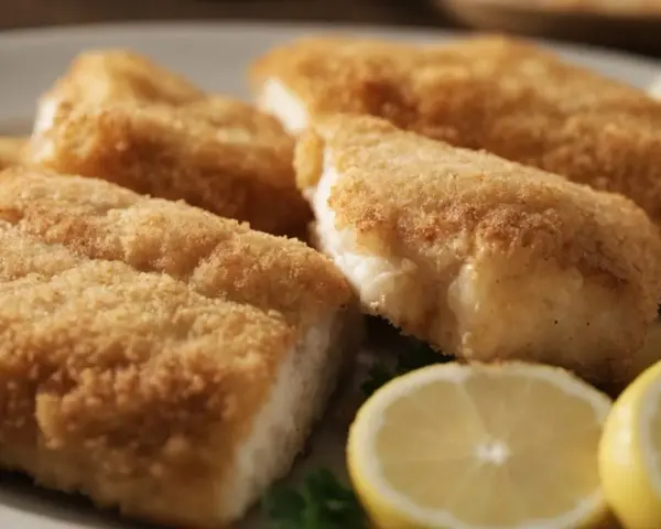 Chrupiące kawałki filet z dorsza smażony w mące, podane z cytryną.