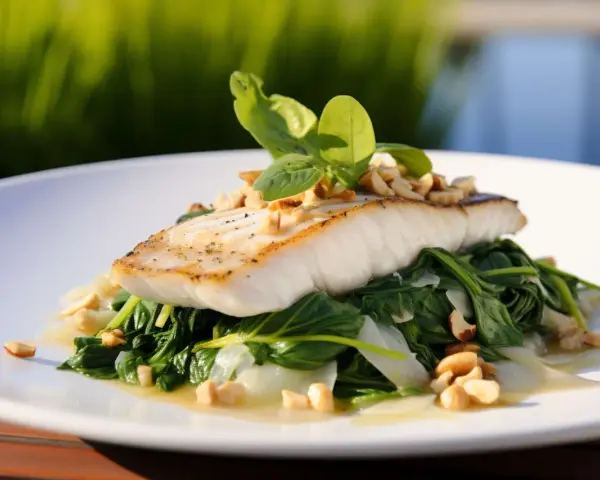 Filet ryby, czy to halibut, czy sandacz, podany na szpinaku z orzechami i bazylią.