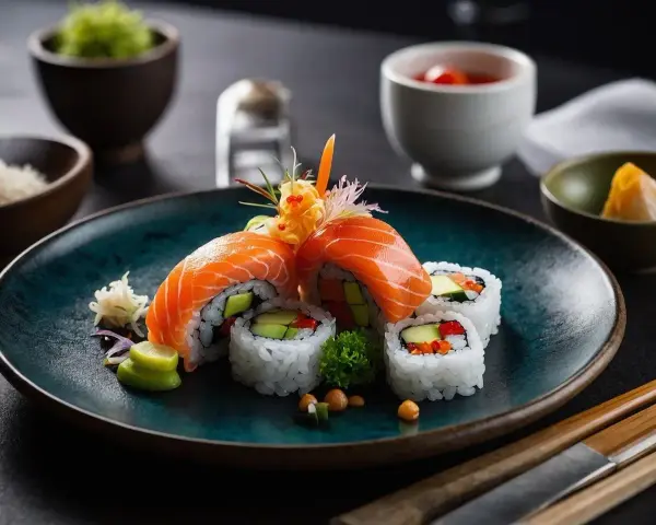 Wykwintne rolki sushi z łososiem, awokado i warzywami, podane z pikantnym dodatkiem do sushi.