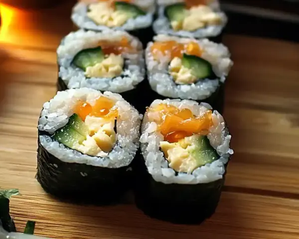 Świeże sushi z awokado, ogórkiem i łososiem, ułożone na drewnianej desce.
