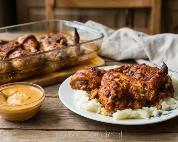 Pyszny kurczak garam masala przepis na talerzu z ryżem i sosem. W tle pieczony kurczak w naczyniu żaroodpornym.