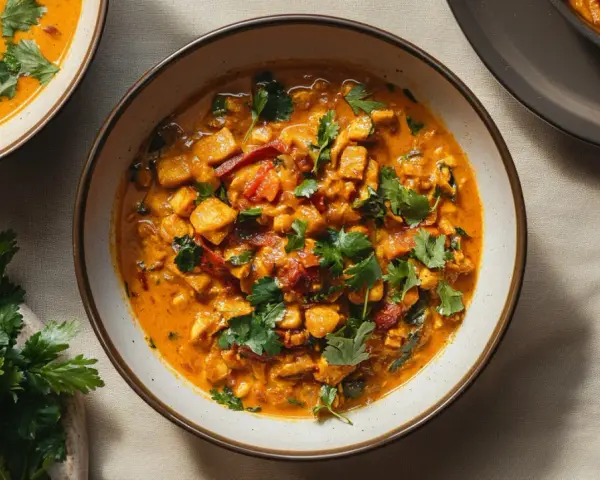 Aksamitne curry z tofu, pełne aromatycznych przypraw i świeżej kolendry, podane w misce.