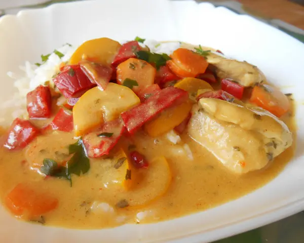 Kurczak curry z warzywami: kawałki kurczaka w kremowym sosie z papryką, marchewką i cukinią, podane z ryżem.
