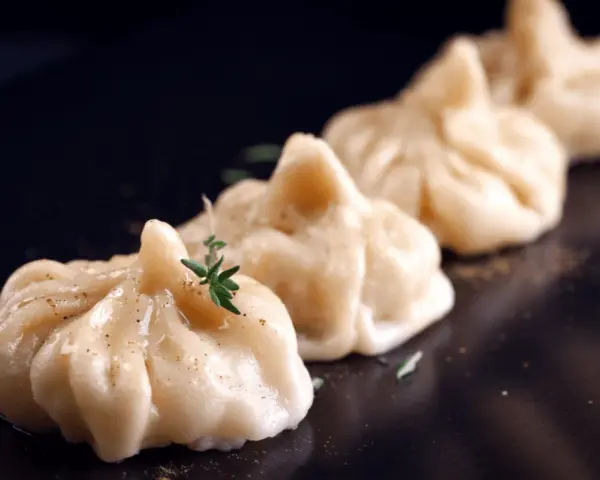 A row of delicate pierożki z krewetkami, garnished with fresh herbs and spices, presented on a dark plate.