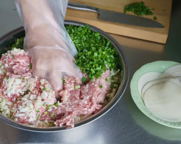 Mieszanie mielonego mięsa, kapusty i szczypiorku do pierożków gyoza. Przepis na pyszne domowe pierożki.