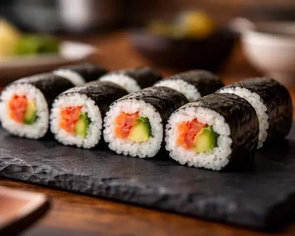 Rzędy sushi z łososiem i awokado, owinięte w ciemną, błyszczącą nori.