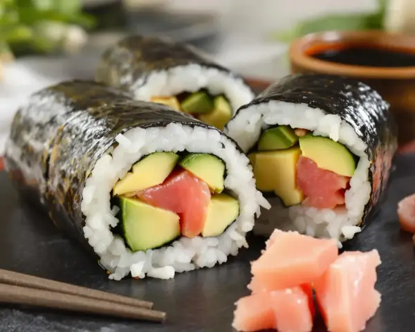 Trzy rolki maki sushi z łososiem i awokado, podane z imbirem i sosem sojowym. Pyszne maki sushi co to? To idealna przekąska!