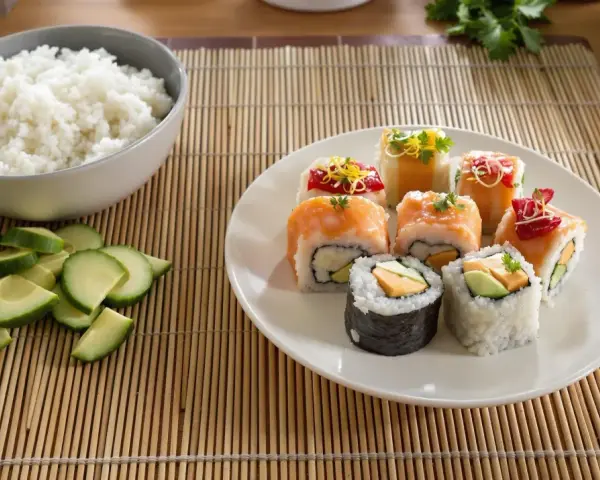 Kolorowe rolki sushi bez nori z łososiem, awokado i innymi dodatkami. Obok miska ryżu i pokrojony ogórek.