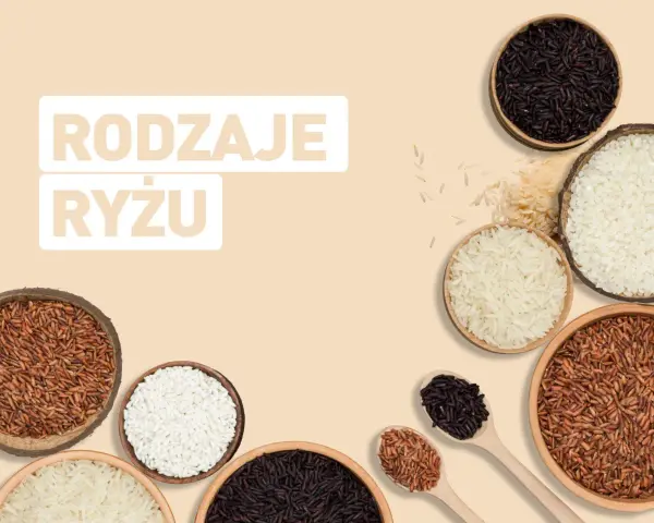 Różne rodzaje ryżu: biały, czarny i brązowy, w miseczkach i na łyżkach.