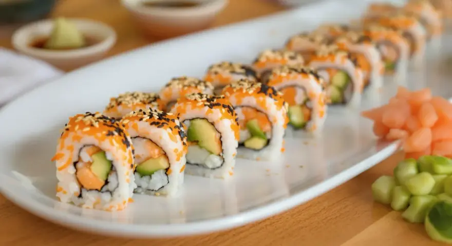 Rząd roladek sushi california roll, posypanych sezamem i ikrą, z awokado i łososiem w środku. Obok imbir marynowany i ogórek.