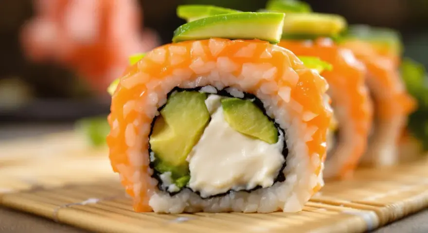 Rolka sushi z łososiem, awokado i kremowym serkiem. Idealny serek do sushi to taki, który jest kremowy i delikatny.