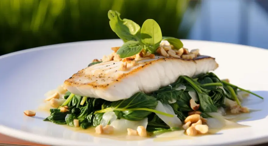 Filet ryby, czy to halibut, czy sandacz, podany na szpinaku z orzechami i bazylią.