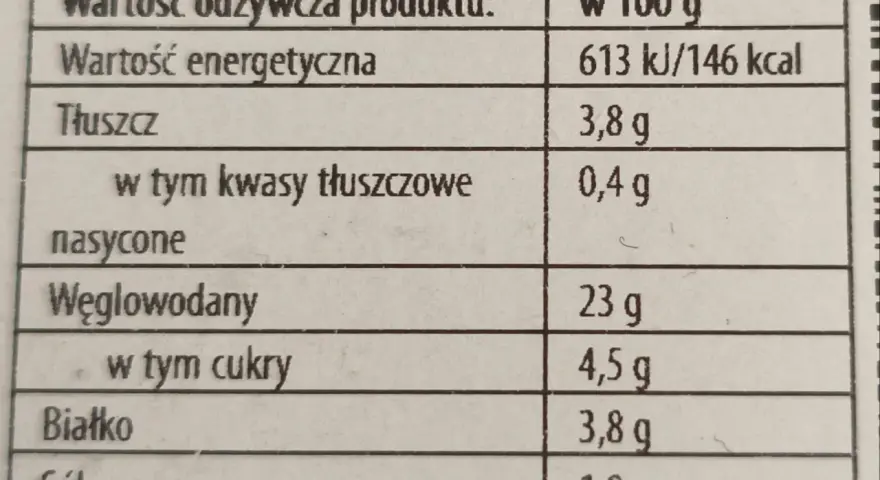 Tabela wartości odżywczych: ile kalorii ma sushi z Biedronki? 146 kcal w 100g. Tłuszcz 3,8g, węglowodany 23g, białko 3,8g.